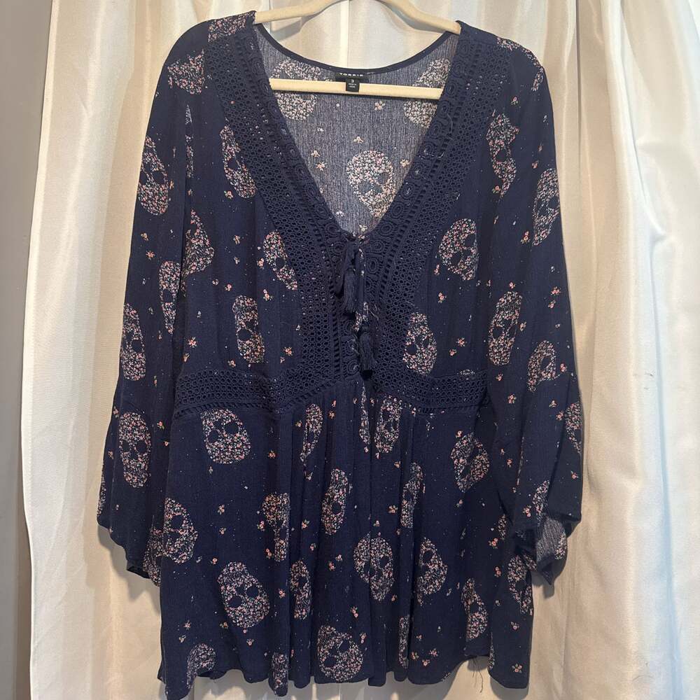 Torrid Navy Blue Sugar Skull Babydoll Top Crochet Lace Up Halloween Boho Fall 1X